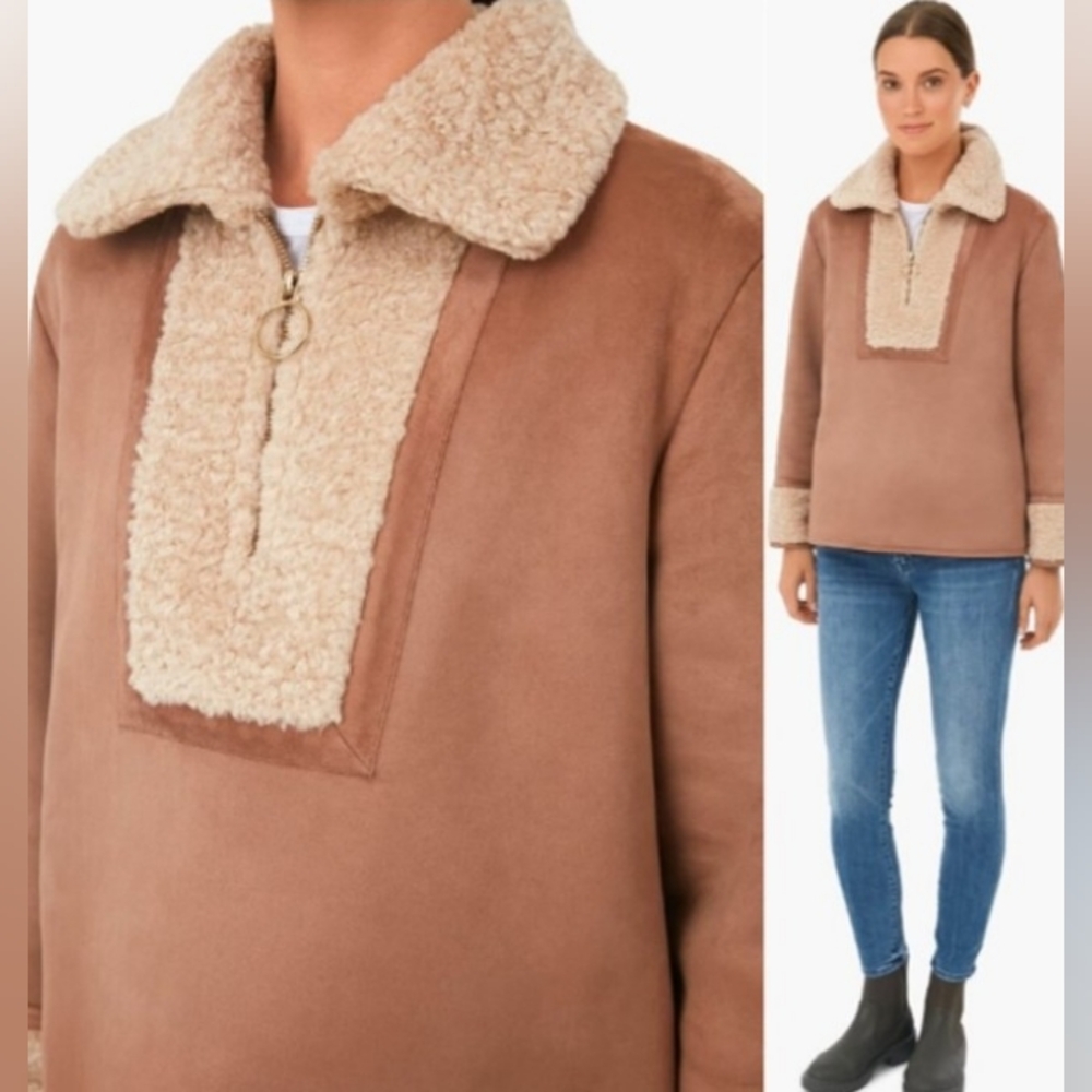 Tuckernuck Camel Brown Faux Suede Shearling Quarter Zip Stella Jacket Size Large